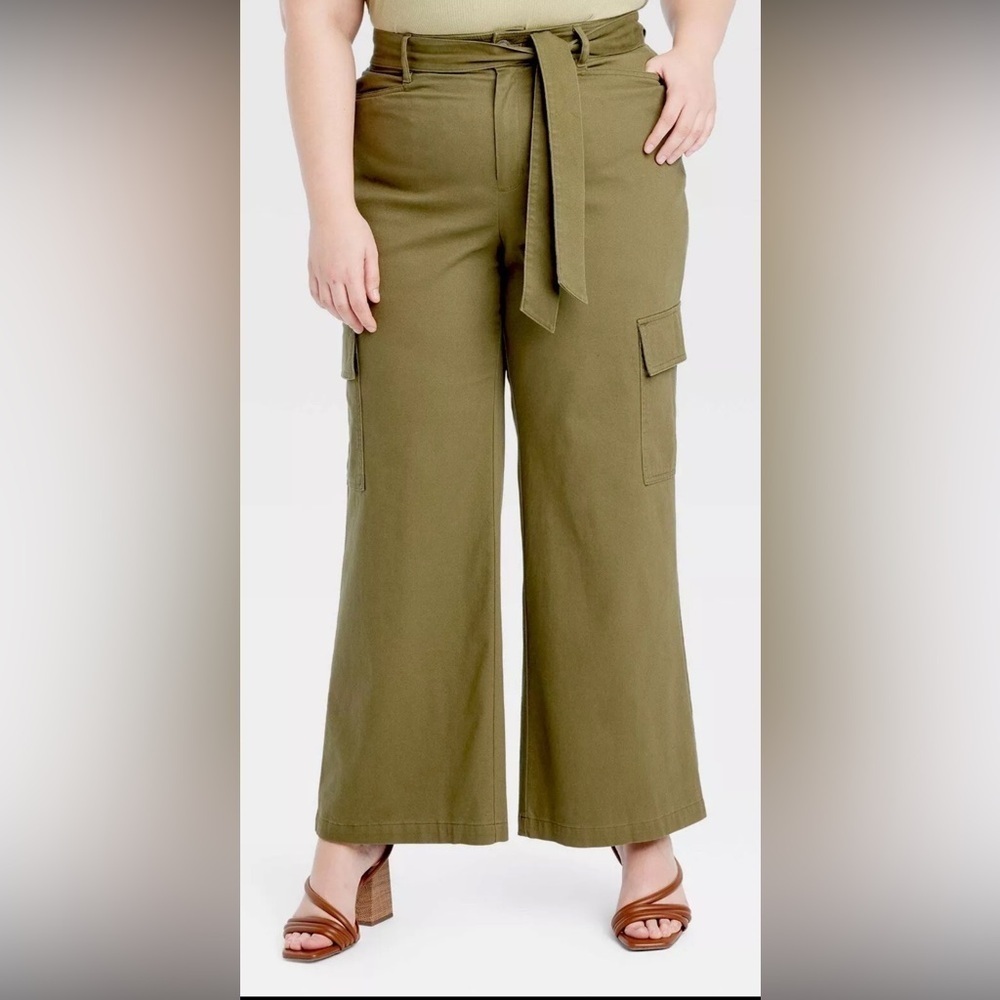 Ava & Viv High-Rise Wide Leg Cargo Pants Tan Women Olive Green 🫒 Plus Sizes - Picture 4 of 5